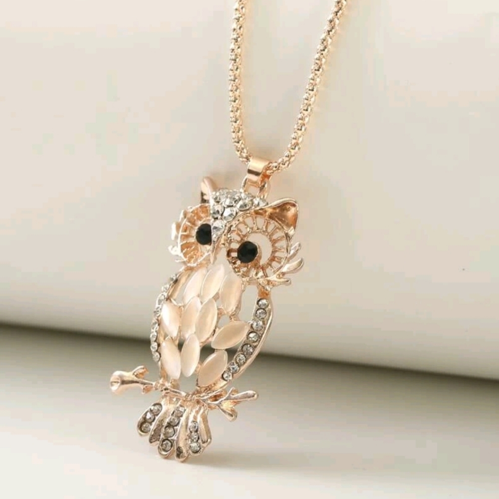 Rhinestone Owl Charm Necklace